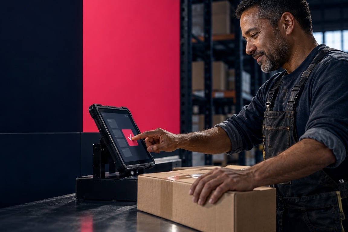 A warehouse worker tapping a confirmation on a tablet beside a package and a pink wall